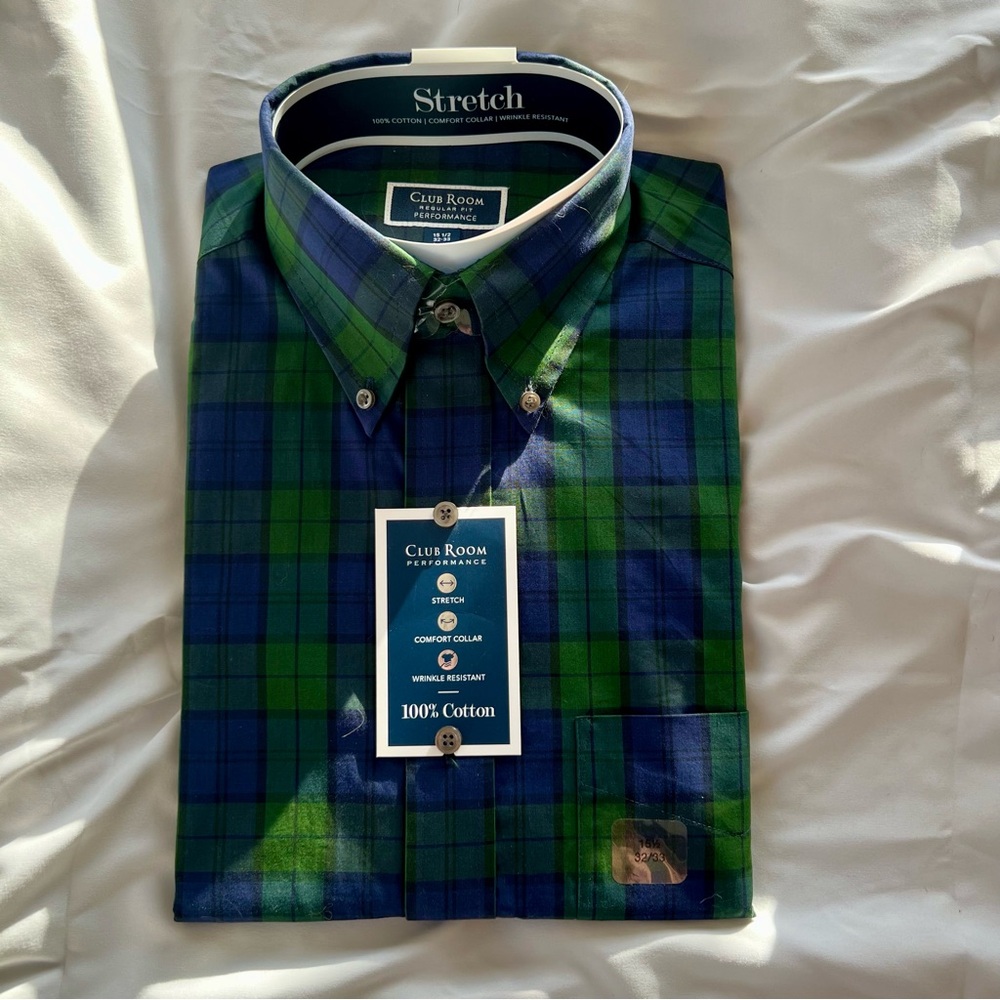 Club Room Men's Blue and Green Checkered Shirt